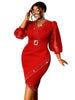 Red Evening Dress V-neck Bead Belt Mesh Lantern Long Sleeve Sexy Women's Party Classy Office Ladies Wedding Guest Gowns