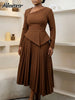 Patchwork Pleated A-Line Mid Dress for Women Long Sleeve Diagonal Collar Office Dresses Female Vacation African Robe