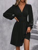 Dresses Woman Clothing V Neck Lantern Sleeve Wrap Mini Dress Ruched Waist Flowy Hem Elegant for Autumn and Party Styles