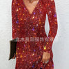 Women's Silver Sequins Evening Dress Long Sleeve Solid V Neck Sparkly Party Mini Dress Elegant Autumn Prom Dresses