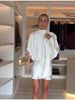 Women's Elegant white Ruched Short Dress Casual Stand Neck Long Sleeve Mini Dresses Autumn party Female Clothing