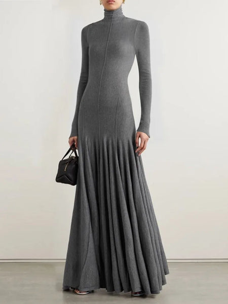 Women's Grey Knit Maxi Dress Turtleneck Long Sleeve with Fitted Bodice and Flared Mermaid Skirt Elegant Party Dresses