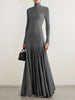Women's Grey Knit Maxi Dress Turtleneck Long Sleeve with Fitted Bodice and Flared Mermaid Skirt Elegant Party Dresses