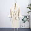 White Fur Patchwork Lace-up Overcoats Women's Street V-neck Full Sleeve Long Woolen Coat Winter Ladies Thick Outwear