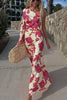 Rose Printed Satin Dress Womens Elegant High Waist Boho Maxi Dress Sexy One Shoulder Long Sleeve Women Party Dresses