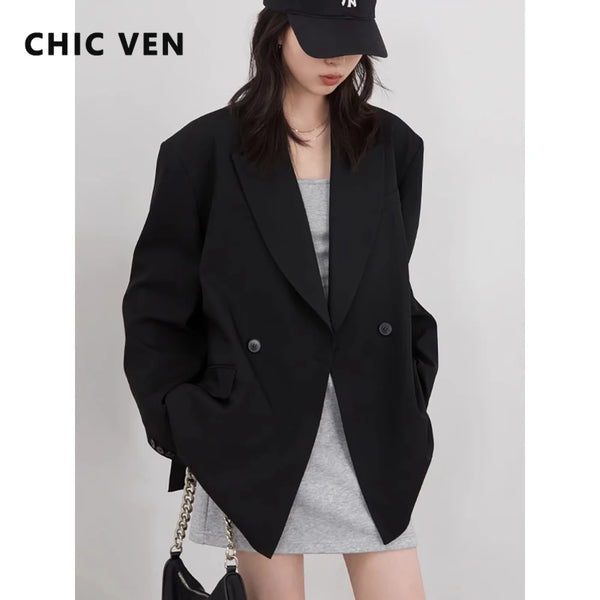 Women Blazers Solid Loose Double-breasted Wide Shoulder Office Ladies Suit Jacket Oversized Coat Spring Autumn