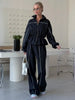 Women Black Track Suit Jacket Two Piece Suit Zip Up Cinch Waist Coat Wide Leg Pants Lady Autumn Street Matching Set