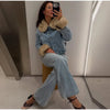 Furry Trim Cropped Denim Jacket Single Breasted Long‑Sleeve Winter Women Warm Outerwear Versatile Lady Casual Jean Coat