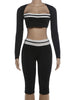 Contrast Patchwork 2 Piece Set Woman Autumn Low-Neck Full Sleeve Crop Tops+Skinny Peach Hip Long Pant Sexy Suit