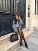 Grey Lace Up Short Woolen Coat Women Chic Solid Stand Collar Double Breasted Pocket Slim Jacket Lady Commute Street Wear