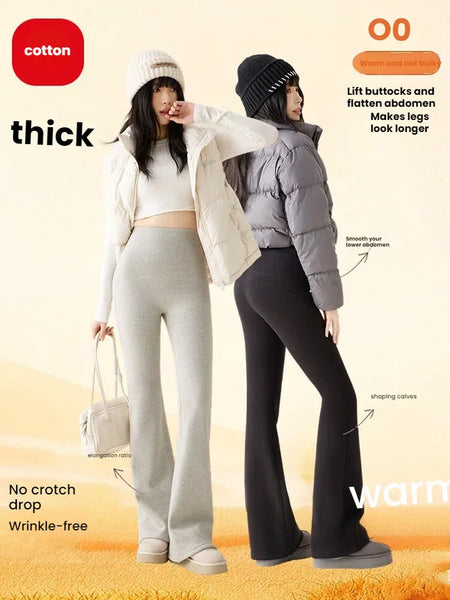 Winter High Waist Flared Pants Women Tummy Control Velvet Bell Bottom Trousers Thick Warm Wide Leg Pants Casual Streetwear Fashi
