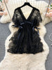 Lace Mesh Sensual Comfortable Mini Dress Women V Neck Lace-up Black Dress Sexy Party Hotsweet