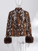 Leopard Patchwork Faux Fur Cuff Coats Women Round Neck Long Sleeve Single Breasted Slim Jacket Chic Ladies Outerwears