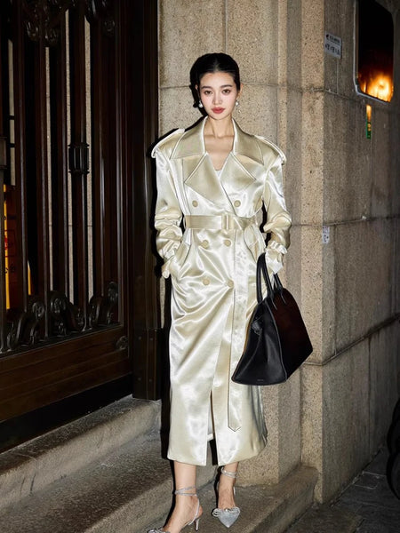 Spring Autumn Long Shiny Flowy Soft Satin Trench Coat for Women Belt Double Breasted Elegant Designer Closthes