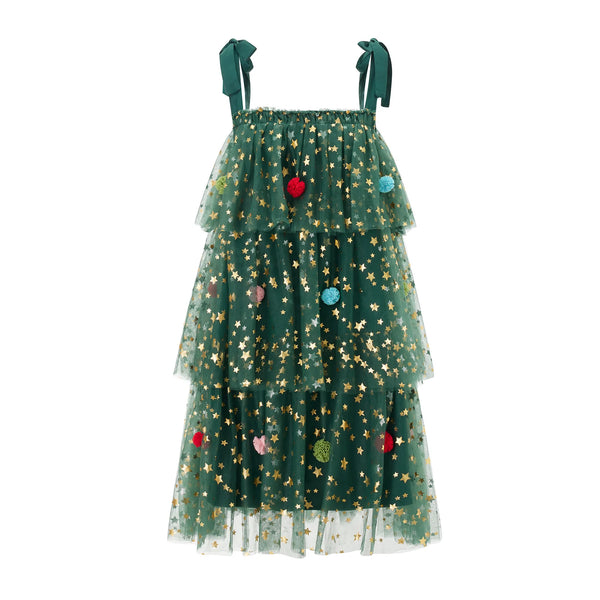 Sequins Star Print Christmas Dress Women's Tie Shoulder Strap Tiered A-Line Tulle Dress for Party Evening Gown Vestidos