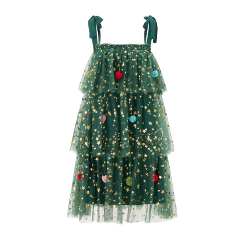 Sequins Star Print Christmas Dress Women's Tie Shoulder Strap Tiered A-Line Tulle Dress for Party Evening Gown Vestidos