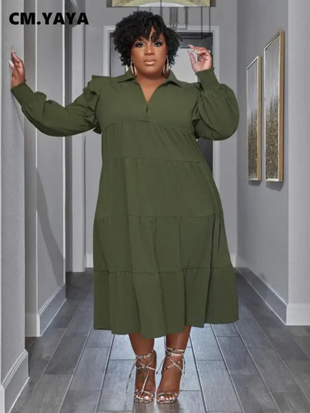 Plus Size Vintage Women Long Sleeve Turn-down Collar Long Sleeve Big Swing Loose Shirt Blouse Maxi Long Dress Autumn