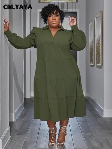 Plus Size Vintage Women Long Sleeve Turn-down Collar Long Sleeve Big Swing Loose Shirt Blouse Maxi Long Dress Autumn