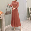 Elegant Women Pleated Dress Classy Smocked Cuffs Long Sleeve O Neck Fit and Flare Long Vestidos Commute Solid Party Robes
