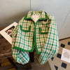 Korean Tweed Jacket Vintage Green Outerwear Spring Autumn Women Coat Cropped Jacket Long Sleeve Button Turndown Collar Suit
