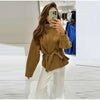Elegant Suede Belt Women's Jacket Loose Full Sleeve Stand Collar Single Breasted Lace Up Jacket Female Autumn Coat