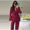 Chic Feather Blazer Pants Set Women Lapel Shoulder Pads Full Sleeve Jacket Pocket Straight Pant Spring Autumn Lady Suit