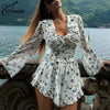 White Print Women's Dress Elegant V-Neck Ruffled Long Sleeve Dresses Autumn High Waisted Pleated Mini Dresses