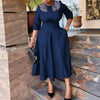 Elegant Churchs Black Dress for Women Round Neck 3/4 Sleeve Pocket Vintage Contrast Midi Dresses Autumn Clothing
