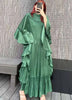 Ruffle Sleeves Pleated Dress For Women Lapel Solid Color Maxi Style Loose Elegant Clothing Spring 2DA2766
