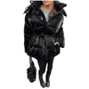 Shiny Stylish Women's Winter Jackets Hooded Waist-Defining Belt Thicken Pockets Full Sleeve Padded Coats Lady Jacket For Women