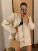 Women Minimalist White Blazer Set Collarless Shoulder Pad Loose Long Sleeve Coat Boned Slim Bodycon Skirt Lady Outfit