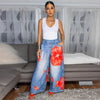 Women Fake Denim 3D floral Print Loose Wide Leg Jogger Pants Streetwear Active Hip Hop Sweatpants Trousers