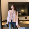 French White Tweed Crop Jacket for Women Autumn Elegant Slimming Decor Button Coat Woman Round Neck Long Sleeve Outerwear