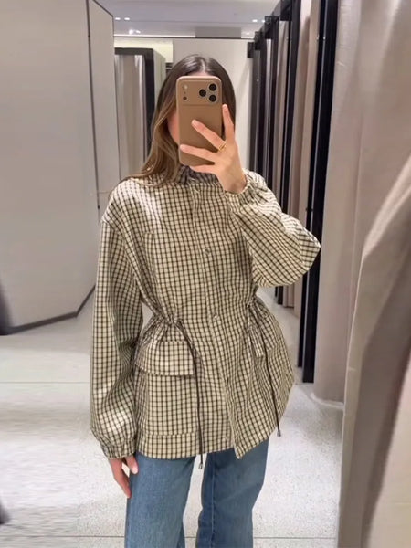Causal Long Sleeved Grid Female Jacket Drawstring Tight Loose Women's Trench Collar Single Breasted Pocket Outerwear