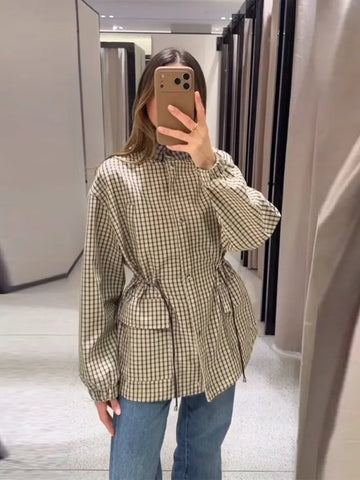 Causal Long Sleeved Grid Female Jacket Drawstring Tight Loose Women's Trench Collar Single Breasted Pocket Outerwear