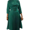 Elegant Office Dress Pleated for Women Professional Round Neck Full Sleeve Belt Waisted Mid Calf Formal Business Work Dress