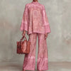 Women Flare Sleeve Printed 2 Piece Sets Stand Collar Loose Blouse High Waist Wide Leg Pants Suit Boho Solid Resort Casual Outfit