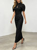 Elegant Two Piece Set For Women Multi Color Tweed Cape Collar Heart Neck Ruched Waist Bodycon Maxi Skirt For Banquet Party