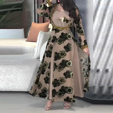 Vintage Floral Print High Waist Banquet Dress Autumn Long Sleeved Pleated Women's Dress Casual Patchwork Slim Fit Maxi Dress