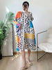 Pleated Contrast Color Leopard Printed Dress Stand Neck Single Breasted Mid-length Dresses Women Party Clothing 2Q1027