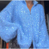 Women Sequined Fluffy Knit Cardigan Zip Up Stand Collar Loose Long Sleeve Sweater Jacket Autumn Party Casual Outerwear