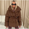 Lace Up Hooded Cotton Coat Women Casual Stand Collar Single Breasted Pocket Loose Warm Coats Lady Winter Street Outwear
