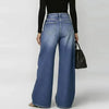 Women Faux Denim Wide Leg Pants High Waist Floral Print Eyelet Hole Decor Loose Baggy Trousers Vintage Street Long Pants
