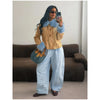 Deer Print Faux Fur Cropped Jacket Women Blue Contrast Lapel Cuff Button Up Fluffy Warm Coat Winter Casual Street Outwear