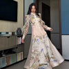 Floral Print Women Dress Button Down Mock Neck Maxi Dresses Long Lantern Sleeve A-Line Waist Belt Flared Hem Elegant Streetwear