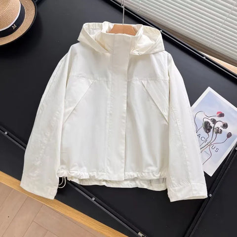 Spring Women's Windproof Stand Collar Jacket Cocoon Jacket with Hood Short Overcoat Simple and Versatile Solid Thin Coat