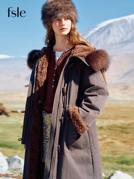 Women's Fur-Lined Down Parka with Wool Blending Mid-Length Winter Jacket for Winter Long Hooded Jacket