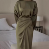 Elegant Women Tie-up Waisted Satin Dress Casual Female O-Neck Draped Long Dress Vintage Solid Color Bat Sleeve Robe Party Dress