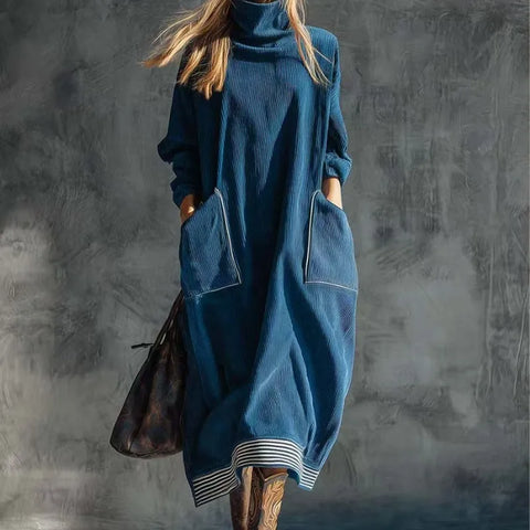 Women's Vintage Blue Ribbed Knit Dress Bohemian Turtleneck Oversized Casual Long Dress with Pockets
