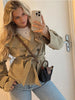 Khaki Lace Up Cape Trench Coat Loose Solid Full Sleeve Lapel Windbreaker Autumn Commute Casual Daily Coats
